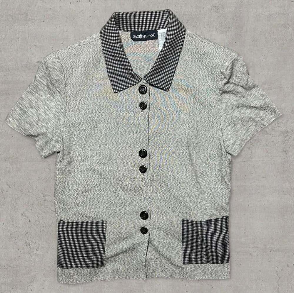 Vintage Sag Harbor Short Sleeve Blouse with Gingham Collar and Pockets